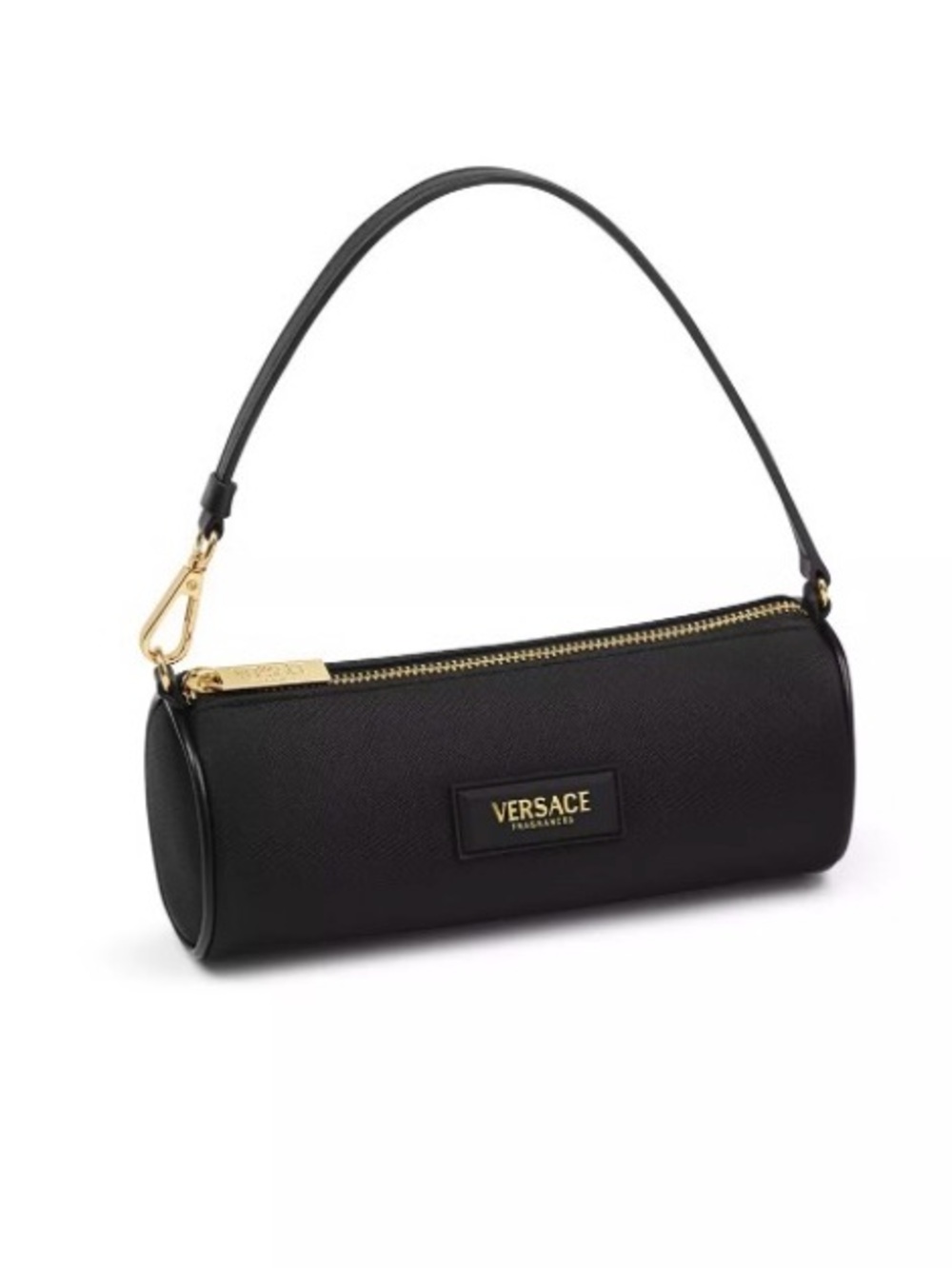 Versace Fragrances Black and Gold Cylindrical Mini Shoulder Bag